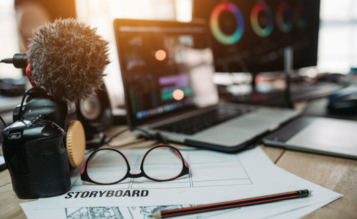 Editor desk equipment and form storyboard laptop and camera edit
