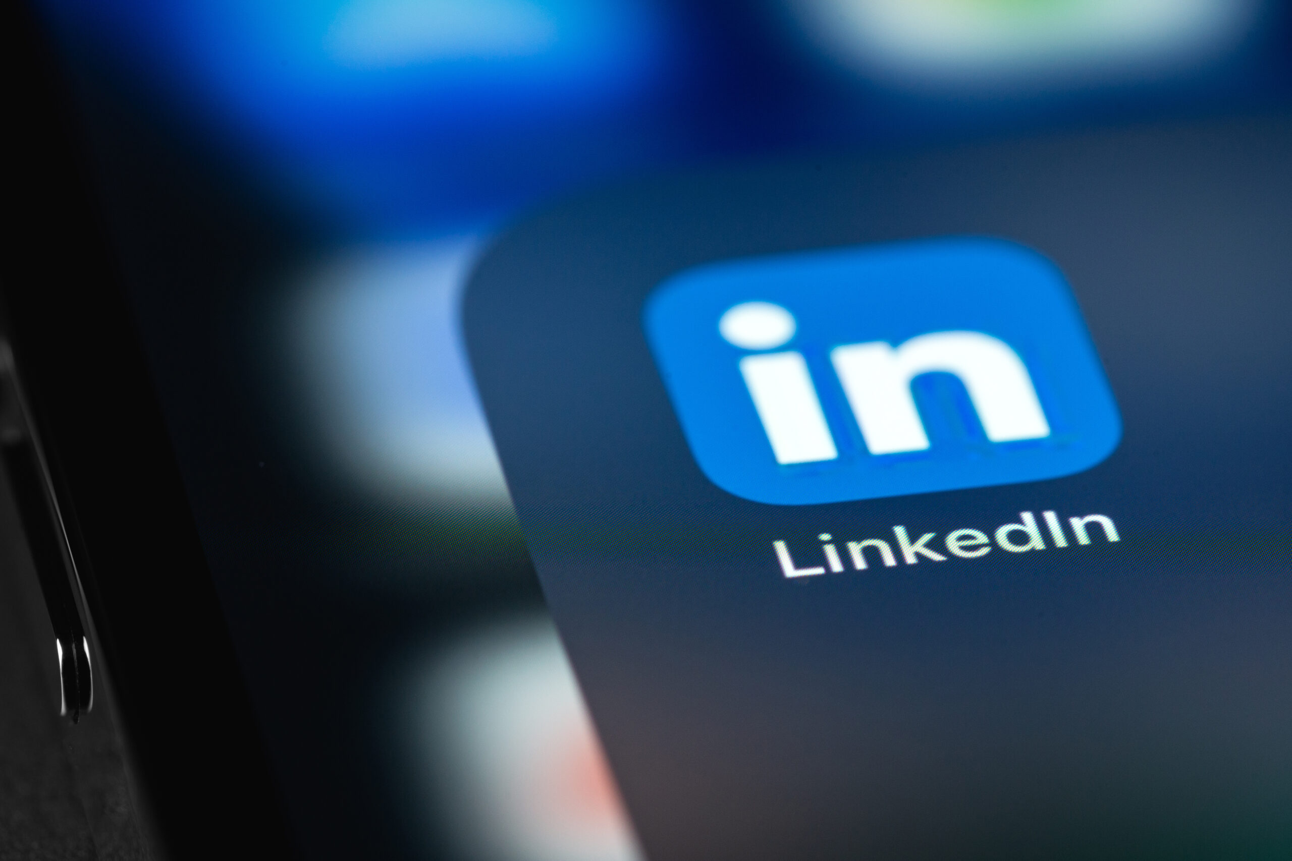 LinkedIn mobile icon app on screen smartphone iPhone closeup. Li