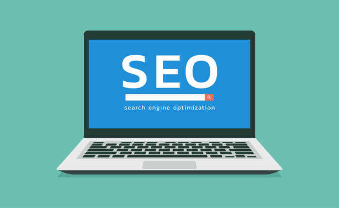 SEO search engine optimization for social media content and advertisement from website showing on laptop screen, vector flat illustration